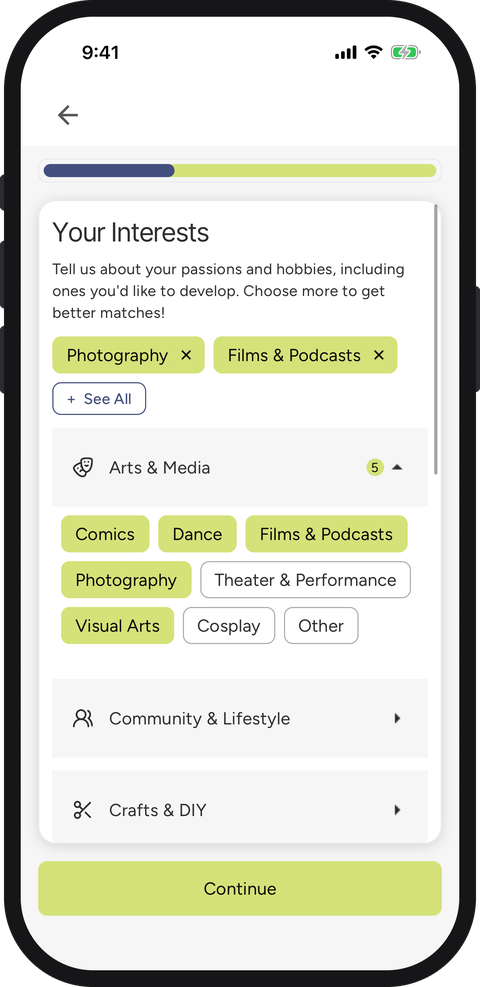 Your Interests screen: pick your hobbies and passions