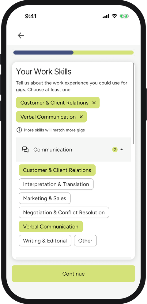 Your Work Skills screen: pick the work you can do