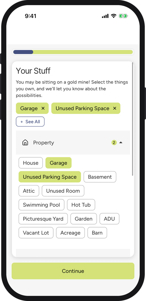 Your Stuff screen: pick the things you own
